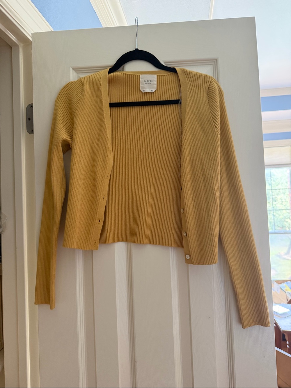 Caslon Cropped Ribbed Cardigan in Mustard Yellow